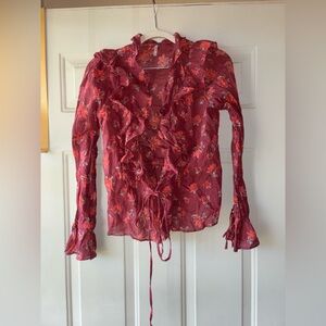 Free People burgundy floral ruffle wrap top size XS